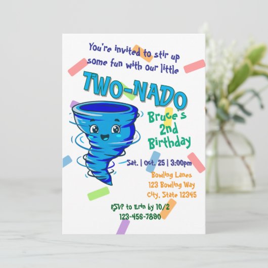 Blue TwoNado, 2nd birthday invitation Kaart (Staand voorkant)