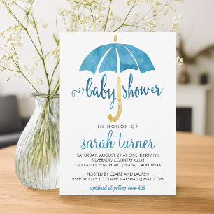 Blue Umbrella Boy Baby Shower Invitations
