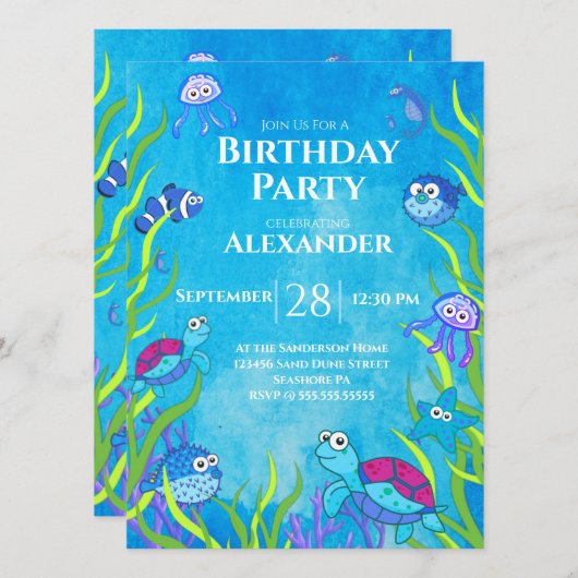 Blue Under the Sea Boy Invitation de fête d'annive (Devant / Derrière)