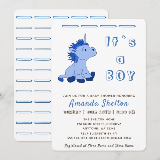 Blue Unicorn Baby Boy Shower Invitation Card (Devant / Derrière)