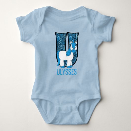 Blue Unicorn Monogram Letter U met naam Romper (Voorkant)