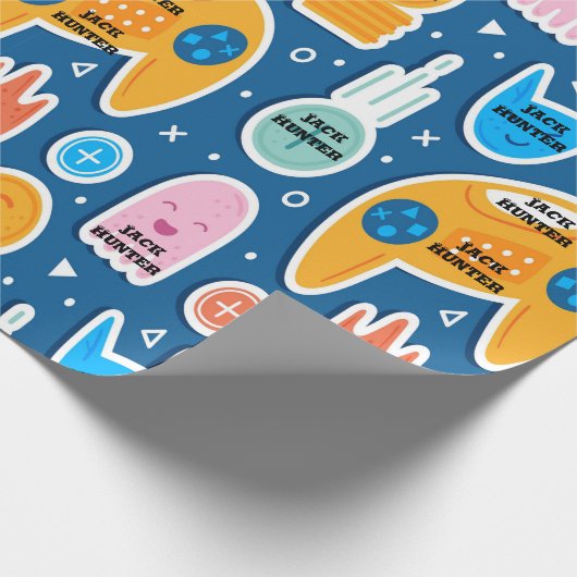 Blue Video Game Pattern Personalized Birthday Cadeaupapier (Hoek)