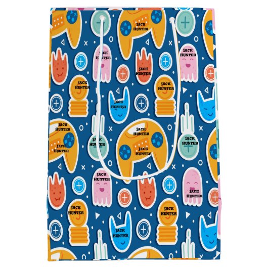 Blue Video Game Pattern Personalized Birthday Medium Cadeauzakje (Achterkant)