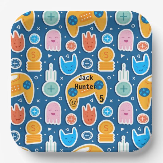 Blue Video Game Pattern Personalized Birthday Papieren Bordje (Voorkant)