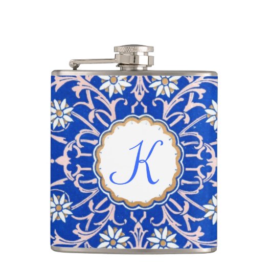 Blue Vine Flower Monogram Flaski Heupfles (Voorkant)