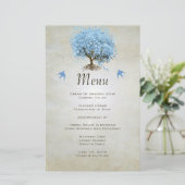 Blue Vintage Bird Heart Leaf Tree Menu Mariage (Debout devant)