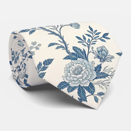 Blue Vintage Floral Pattern Stropdas (Opgerold)