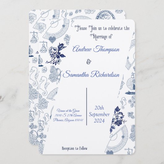 Blue Vintage Romance Mariage Invitations (Devant / Derrière)