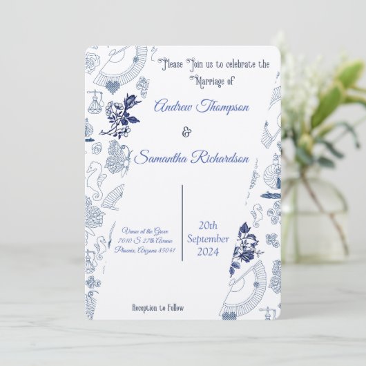 Blue Vintage Romance Mariage Invitations (Debout devant)