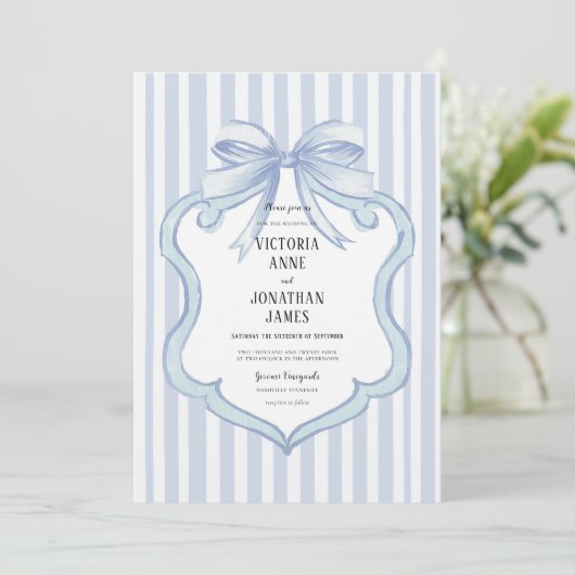 Blue Vintage Stripe Ribbon Bow Wedding Invitation (Debout devant)