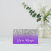 Blue Violet Paars Ombre Silver Glitter Foto Visitekaartje (Staand voorkant)