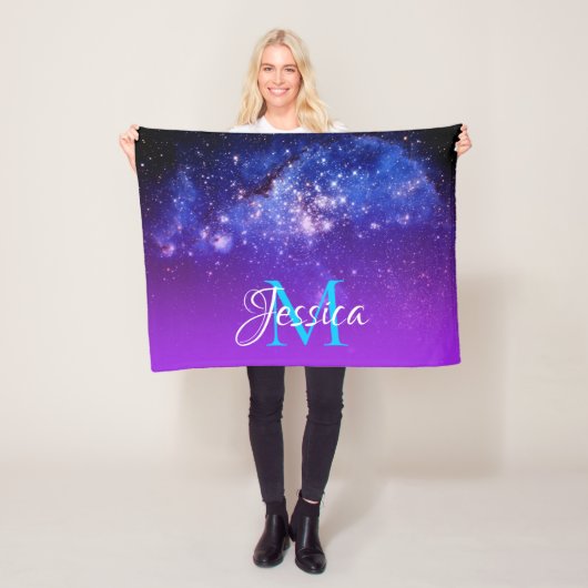 Blue Violet Sparkly Stars Celestial Ombre Monogram Fleece Deken (In situ)