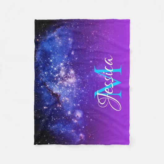 Blue Violet Sparkly Stars Celestial Ombre Monogram Fleece Deken (Voorkant)