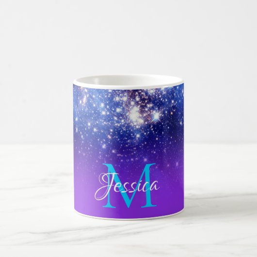 Blue Violet Sparkly Stars Celestial Ombre Monogram Koffiemok (Center)