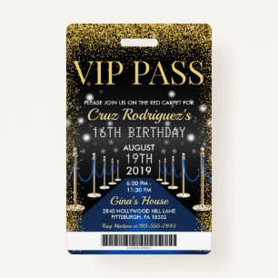 Blue VIP Pass Hollywood Red Carpet Birthday Badge