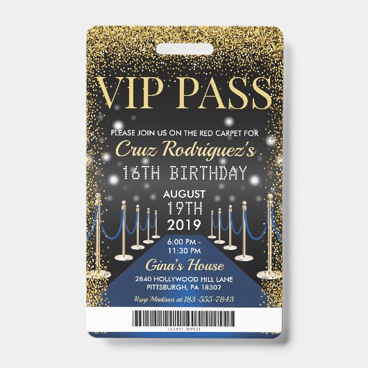 Blue VIP Pass Hollywood Tapis rouge Badge d'annive (Face)
