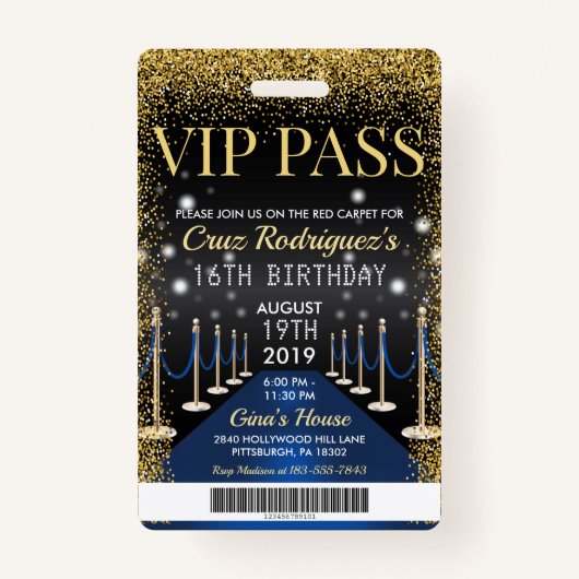 Blue VIP Pass Hollywood Tapis rouge Badge d'annive (Devant)