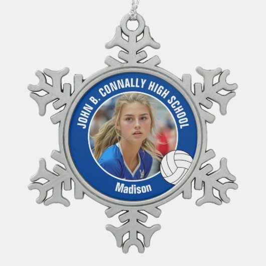 Blue Volleyball Player Photo High School Tin Sneeuwvlok Ornament (Voorkant)