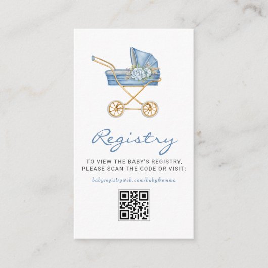 Blue  wandelwagen Baby shower QR Code Registry Informatiekaartje (Voorkant)
