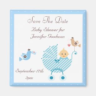 Blue Wandelwagen & Birds Save The Date Baby shower Magneet