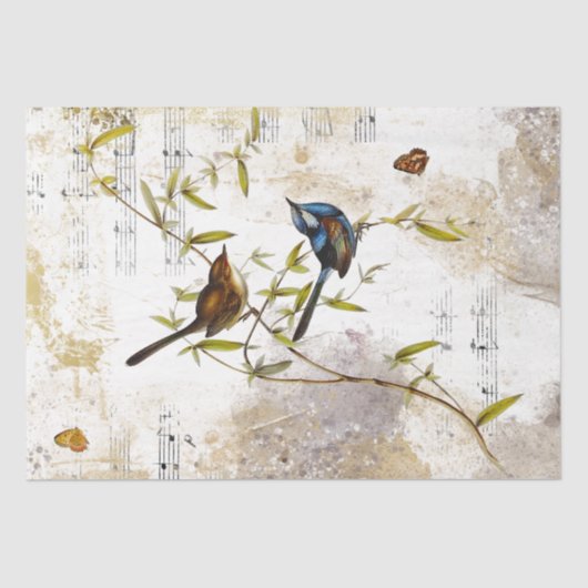 Blue Warbler Bird Butterfly Music Gold ontkoppelin Tissuepapier (Voorkant)