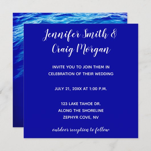 Blue Water Modern Calligraphy Wedding Kaart (Voorkant / Achterkant)