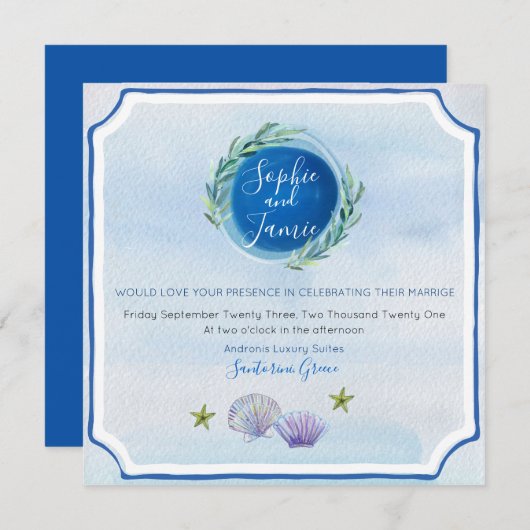 Blue WaterColor Beach Wedding Invitation (Devant / Derrière)