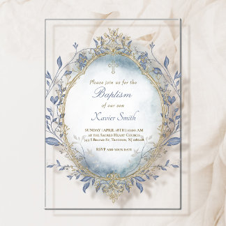blue watercolor beige frame Baptism baby boy Acryl Uitnodigingen