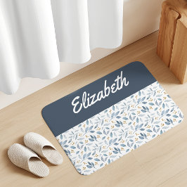 Blue Watercolor Botanical Pattern Custom Name Badmat