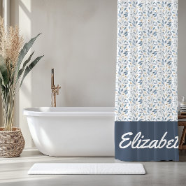 Blue Watercolor Botanical Pattern Custom Name Douchegordijn