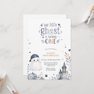 Blue Watercolor Cute Ghost Halloween Birthday Kaart
