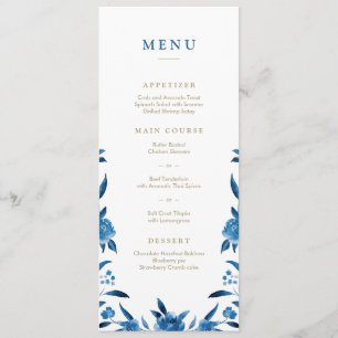Blue Watercolor floral Chinoiserie menu Mariage