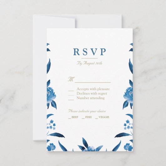 Blue Watercolor floral Chinoiserie Wedding RSVP (Devant)