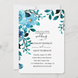 blue watercolor floral rustic wedding kaart