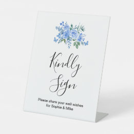 Blue Watercolor Floral Wedding Guest Book Reclamebord Met Voetstuk