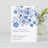 Blue Watercolor Floral Wedding Invitation Kaart (Staand voorkant)