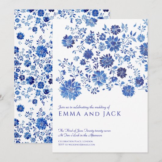 Blue Watercolor Floral Wedding Invitation Kaart (Voorkant / Achterkant)