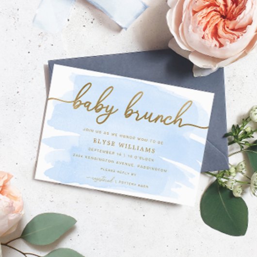 Blue Watercolor Gold Baby Brunch Invitation