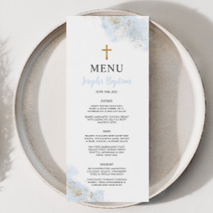 Blue Watercolor Gold Boys Christening Baptême Menu