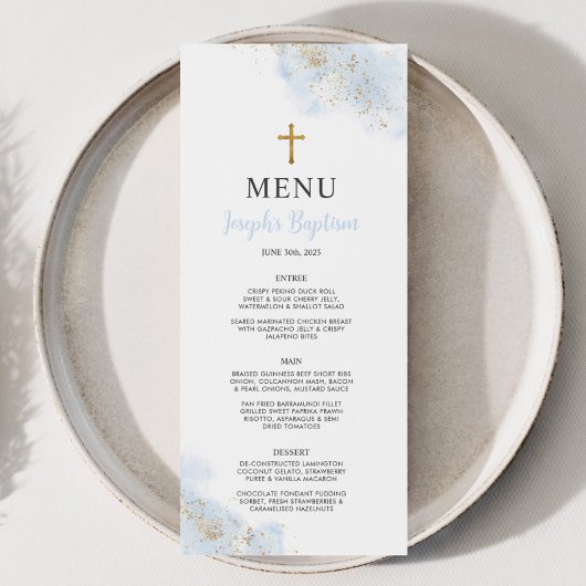 Blue Watercolor Gold Boys Christening Baptême Menu