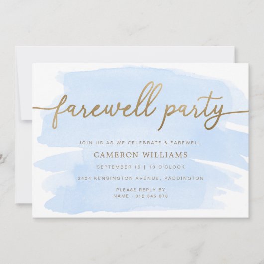 Blue Watercolor Gold Farewell Party Invitation (Devant)