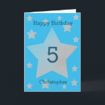 Blue Watercolor Gris Stars 5e carte d'anniversaire<br><div class="desc">Aquarelle gris étoiles heureux 5ème anniversaire carte pour fils, petit-fils, neveu, etc. L'avant comprend des étoiles aquarelle gris et un endroit et un endroit pour vous de personnaliser avec le nom du récipiendaire de l'anniversaire. Le message de la carte intérieure peut être facilement personnalisé et le dos avec l'année. Cela...</div>