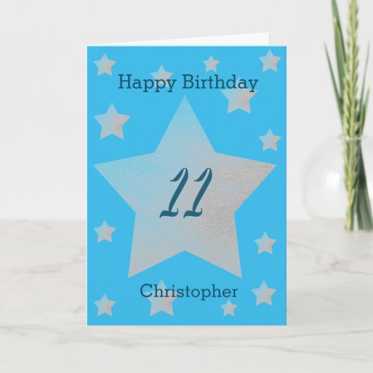 Blue Watercolor Gris Stars Carte 11e anniversaire (Devant)