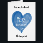 Blue Watercolor Heart 34th Birthday<br><div class="desc">A personalized 34th birthday card for him featuring a blue watercolor heart on the front. The front of this blue heart 34th birthday card can be personalized with name along with the age needed. This would make a wonderful birthday card keepsake for his thirty fourth.</div>