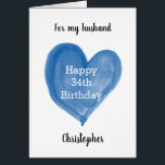 Blue Watercolor Heart 34th Birthday<br><div class="desc">A personalized 34th birthday card for him featuring a blue watercolor heart on the front. The front of this blue heart 34th birthday card can be personalized with name along with the age needed. This would make a wonderful birthday card keepsake for his thirty fourth.</div>