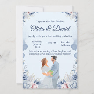 Blue Watercolor Illustration Wedding Invitation Kaart