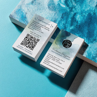 Blue Watercolor Ink Cleaning Service Maid QR Code Visitekaartje
