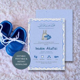 Blue Watercolor islamic Baby Boy Birth Aankondiging