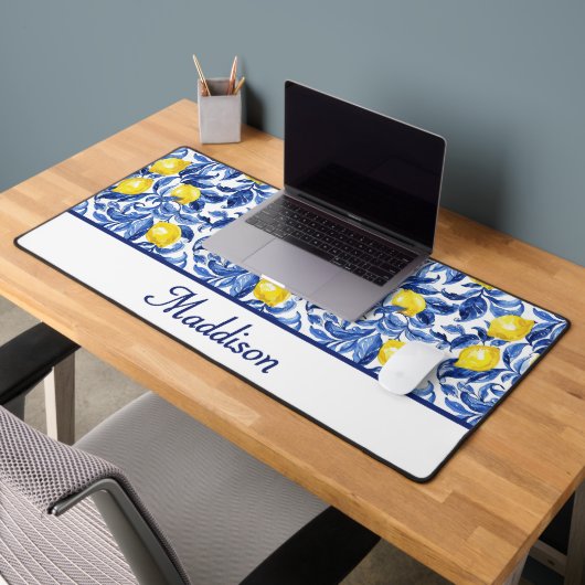 Blue Watercolor Lemon Pattern Monogram Name (Bureau 2)