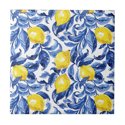 Blue Watercolor Lemon Pattern Tegeltje (Voorkant)